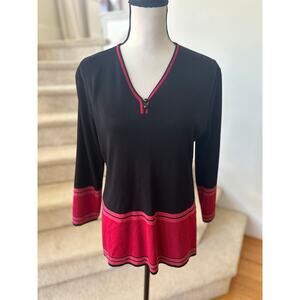 Exclusively Misook Black & Raspberry Red Striped Knit Blouse